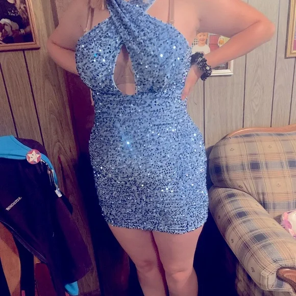 blue sparkly dress short Sparkly A-line V-neck Short Prom Dresses Navy Blue Homecoming Dresses